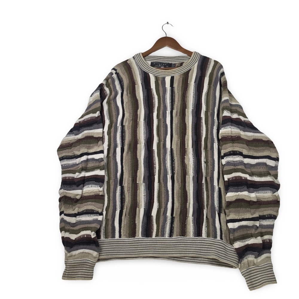 VTG Protege Collection 3D Knit Sweater Mens XL USA Cotton Earth Tone Coogi Style